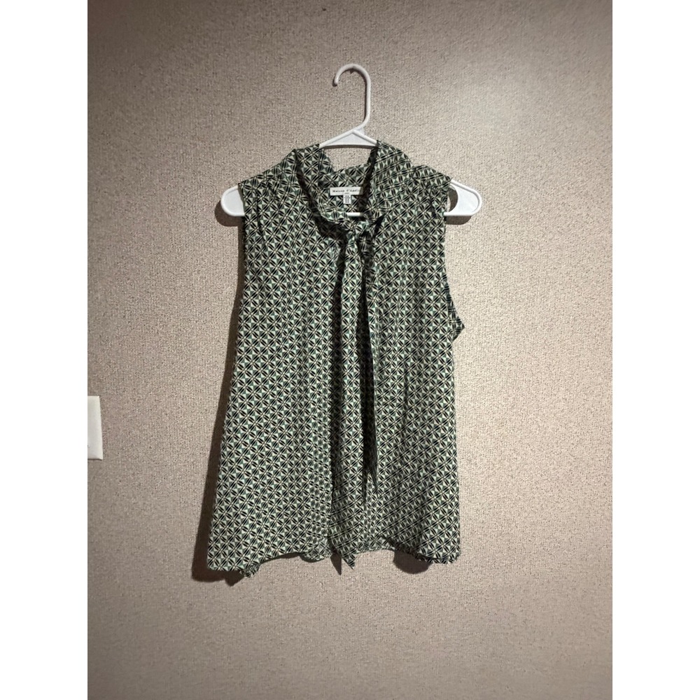 Maison d'Amelie Paris Green Geometric Print Tie Neck Sleeveless Blouse Medium